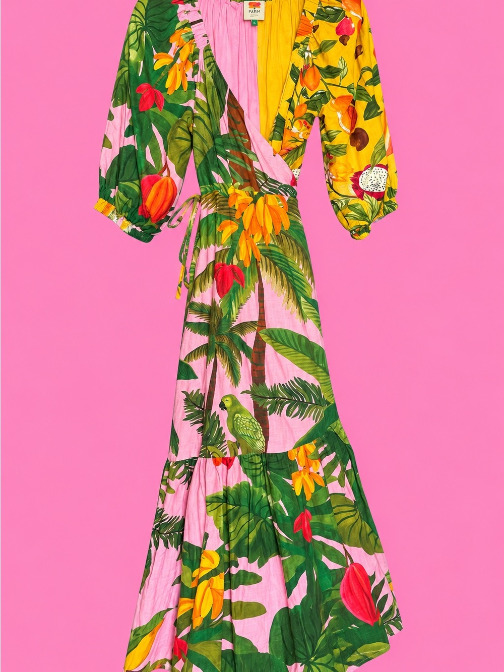 FARM Rio Pink and Yellow Tropical Wrap Maxi Dress